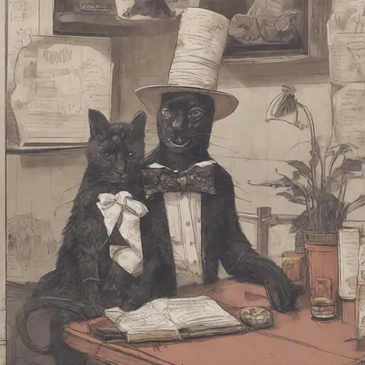 Prompt: a black cat wearing a party hat types his memoir while smoking a cigarette at a coffee shop