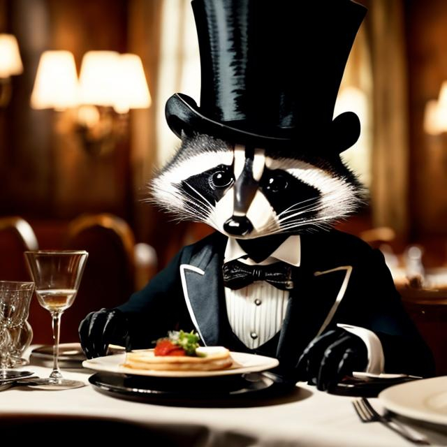 Prompt: a genteel raccoon wearing a top hat dines at an upscale restaurant