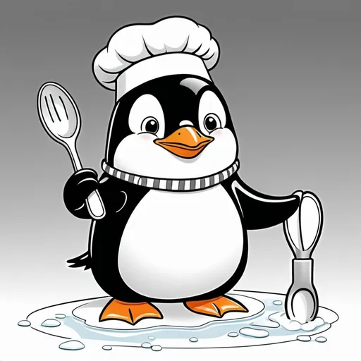 Prompt: Page 5: Chef Penguin

Create pixar style Penguin Pose: Wearing a chef’s hat and apron, holding a mixing spoon.
Scenery Prompt: "A penguin chef cooking on an ice kitchen, with fish and cooking tools around." This image is for coloring book for kids aged 4-8 years old. The lines should be thick and clear, without any shading, solid black or fine detail lines
