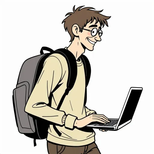 Prompt: a lanky man, wearing a backpack and carrying a laptop, high quality, looking forward, smiling, shy