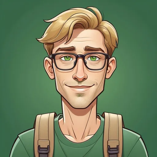 Prompt: Cartoon-style illustration of a handsome, thin man with green eyes and dirty blonde hair, wearing a backpack, front profile, shy smile, wearing glasses, high quality, detailed, front profile, cartoon style, green eyes, dirty blonde hair, backpack, shy smile, glasses