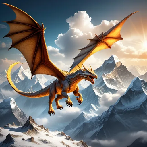 Prompt: (magnificent wyvern), soaring high above (majestic Mount Everest), dramatic sky filled with (soft clouds), crisp air, serene atmosphere, high-altitude adventure, golden sunlight casting shadows on the snow, vivid colors, (ultra-detailed), breathtaking view, epic fantasy scene, awe-inspiring scale, dynamic motion, based on mythical lore.