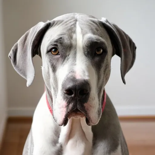 Prompt: a light grey Great Dane dog with it's face split color down the middle white and light grey