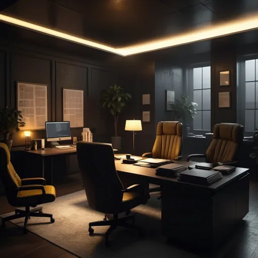 Prompt: Dark office with yellow lights