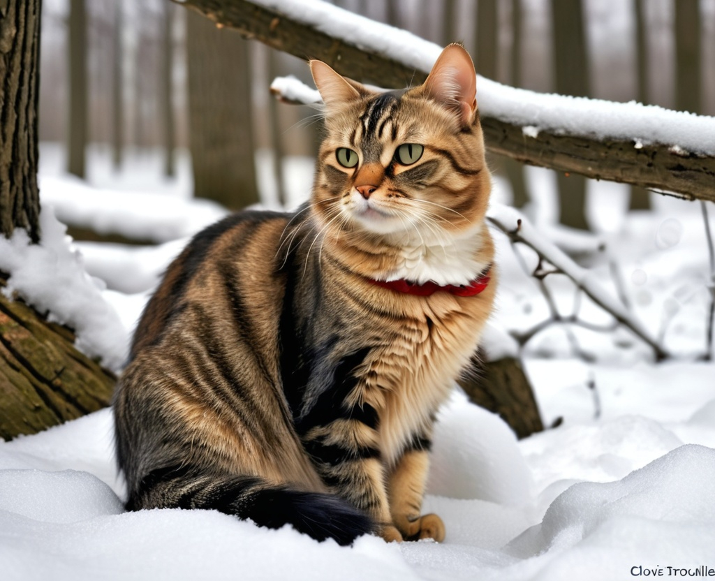 Prompt: a cat sitting in the snow in the woods with snow on the ground and trees in the background,, Clovis Trouille, neoplasticism, winter, a jigsaw puzzle