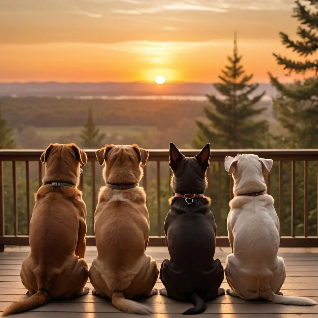 Prompt: dogs of all sizes sitting facing back, sunset view,  warm lighting