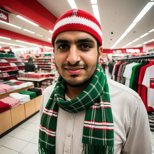 Prompt: a man wearing a red and white checkered hat and a green shirt in a store with a red and white checkered scarf, Fathi Hassan, hurufiyya, ultra wide angle, a picture