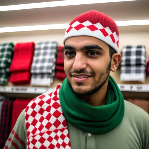 Prompt: a man wearing a red and white checkered hat and a green shirt in a store with a red and white checkered scarf, Fathi Hassan, hurufiyya, ultra wide angle, a picture