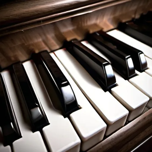 Prompt: close up of piano keys, musical notation floating away from the keys into the air
