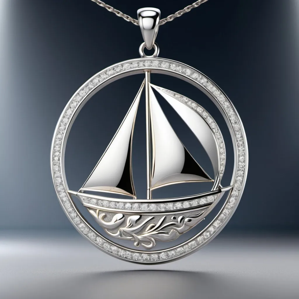 Prompt: (sailing boat inspired platinum pendant, one of the sails is gold coloured), hyper-detailed jewelry, intricate design, shimmering silver tones, delicate craftsmanship, elegant lighting, soft shadows, premium quality materials, jewelry display, high clarity, minimalistic background, sophisticated and timeless, ultra-detailed textures, artistic, eye-catching elegance, 4K resolution, photorealistic styling, studio lighting, award-winning design, cool tone, highlighting craftsmanship.