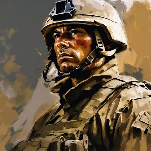 Prompt: oil paint head shoulders soldier Visible strokes,rough edges,muted colors.Warm lighting neutral backdrop