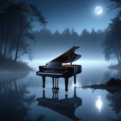 Prompt: a grand piano hovering over a misty eerie lake in the moonlight