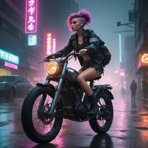 Prompt: woman with punk hair riding futuristic bicycle through nigh time city scene in the rain