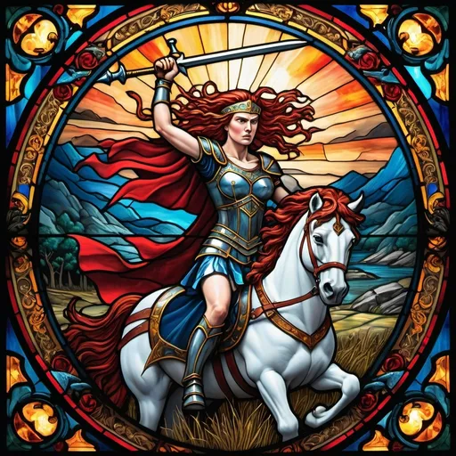 Prompt: Stained glass style depiction of Boudica in the battle, intricate details, vibrant colours, medieval fantasy.