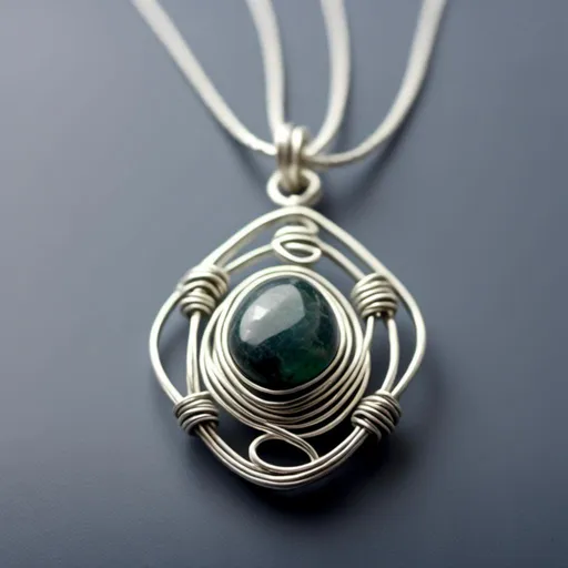 Prompt: <mymodel> handmade silver wire charm with a blue/green dark stone tightly woven and interconnected, raw elegance, wearable, clean white background