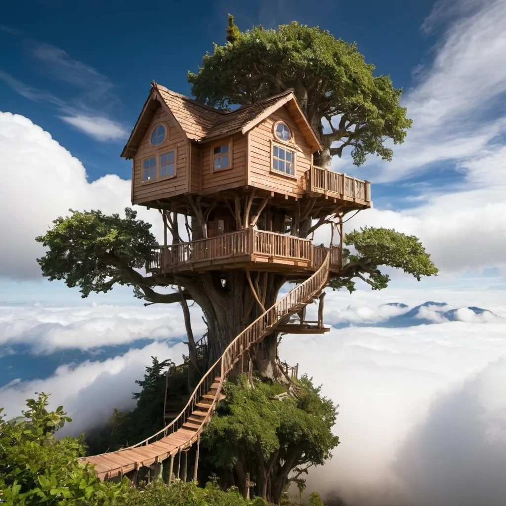 Prompt: treehouse in the sky above the clouds