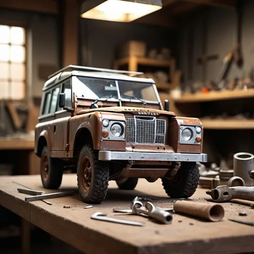 Prompt: (scrap metal model of a land rover on a workbench table), blurred background, close-up shot, intricate details, rugged texture, industrial setting, photorealistic, warm and earthy color tones, dim lighting with focused highlights on the model, cinematic depth of field, cozy and creative atmosphere, high-quality, ultra-detailed, HD, realistic metal textures, tools and materials scattered on the table, artisan workspace, creative craftsmanship in focus.