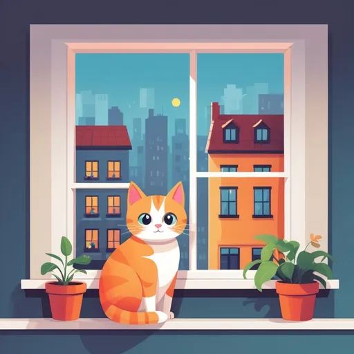 Prompt: illustrations for a book-cover,flat design,simple shapes,vector,colorful,2D,cute cartoon characters,cat on a windowsill looking out to the busy street