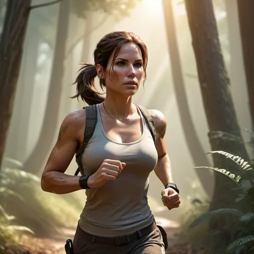 Prompt: thoughtful lara croft jogging in the early morning light