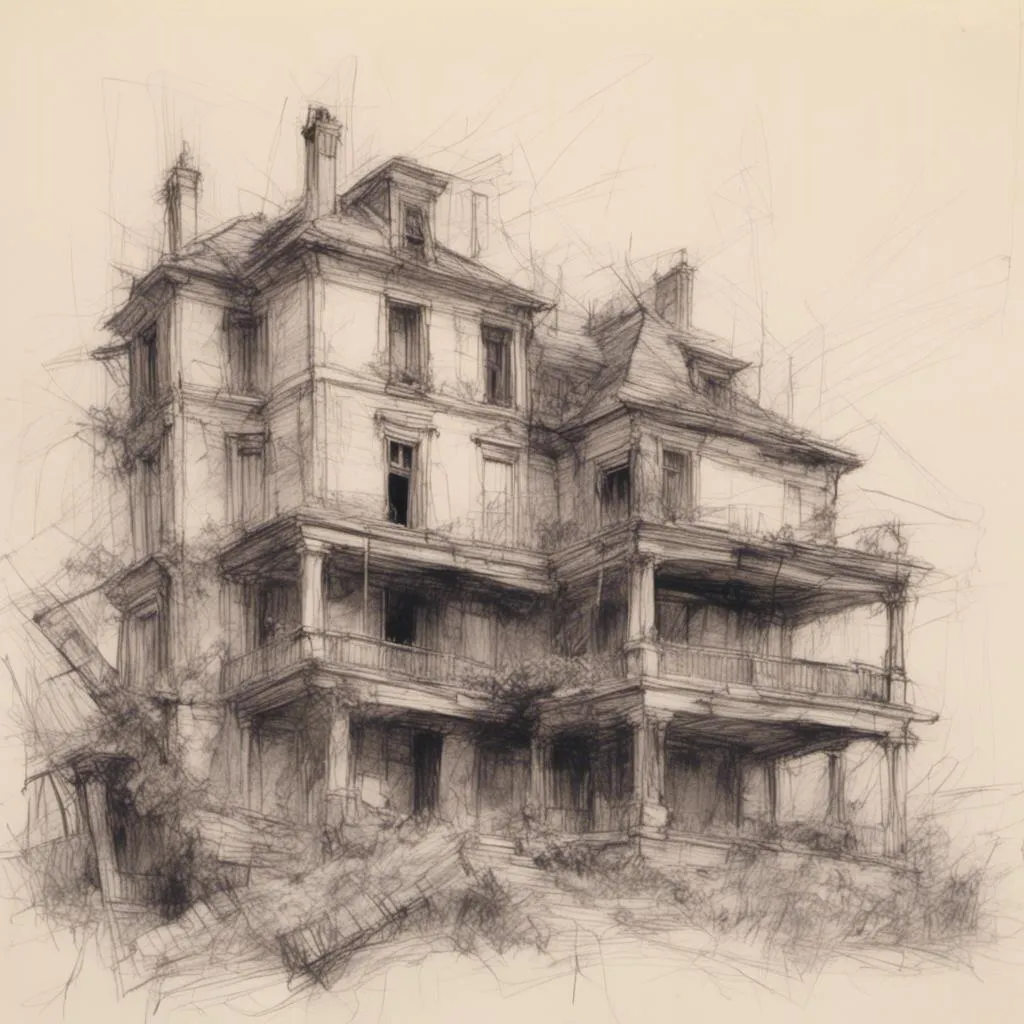 Prompt: <mymodel> pencil-sketch of a derelict mansion, roof collapse