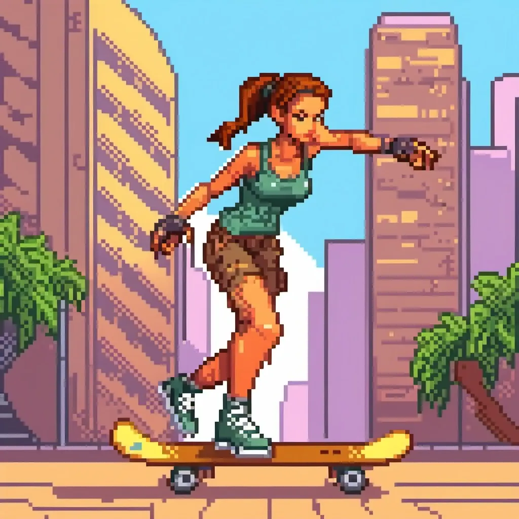 Prompt: Lara croft on a skateboard 