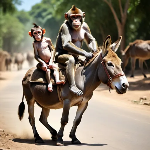 Prompt: very realistic photograph of a monkey riding a donkey