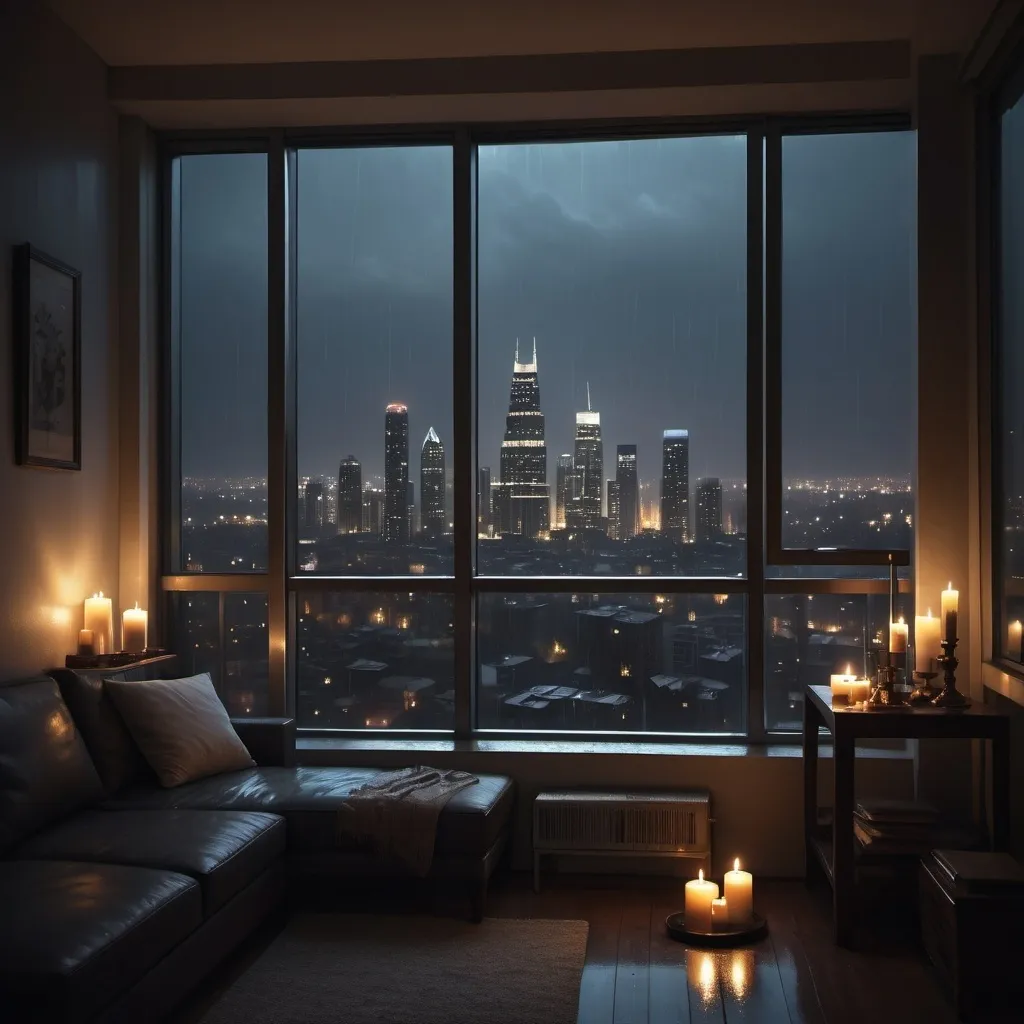 Prompt: high rise apartment with large windows, almost dark in the room except for one small candle, rain on windows outside, overlooking cityscape, most of the light coming from outside