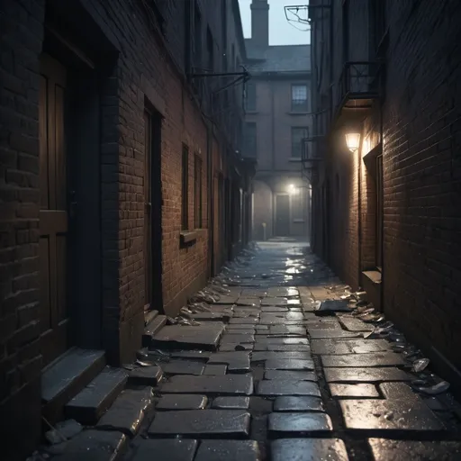 Prompt: broken glass spread across dimly lit alleyway, moonlight and shadows, atmospheric