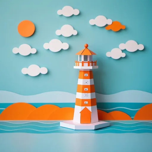 Prompt: paper-toy kawaii lighthouse with orange horizontal stripes on sea blue background