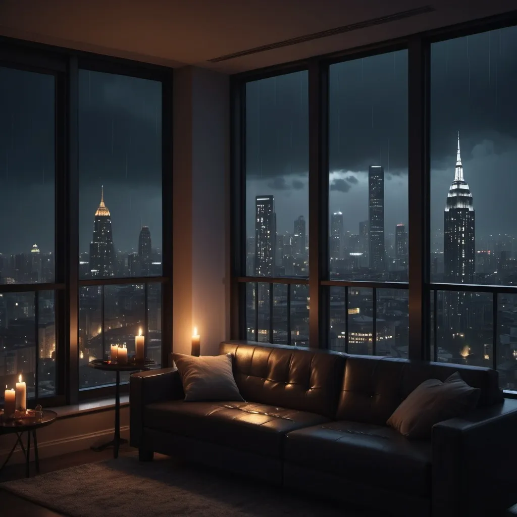 Prompt: high rise apartment with large windows, almost dark in the room except for small candles, rain on windows outside, overlooking cityscape, most of the light coming from outside