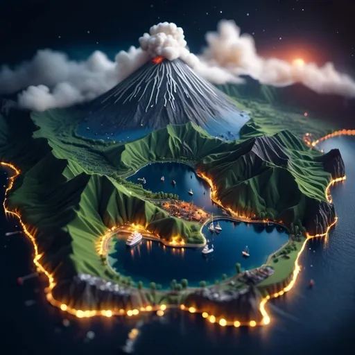 Prompt: aerial view at night, cloudy, tilt-shift, isometric miniature world, detailed landscape world render with tiny houses and boats, mountains with lakes, volcano erupting