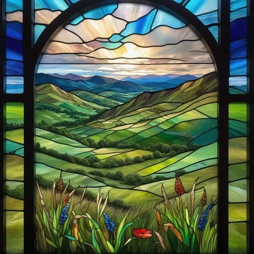 Prompt: cumbrian mountain scene with lush green grass and blue skies with clouds in distance