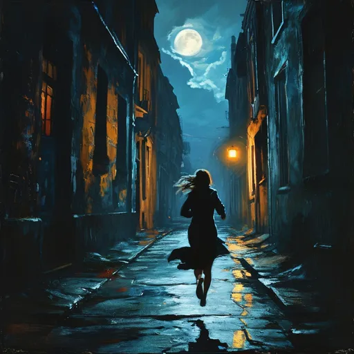 Prompt: dimly lit alleyway, woman in her 20s running away in far distance, moonlight, shadows, atmospheric, dark clouds