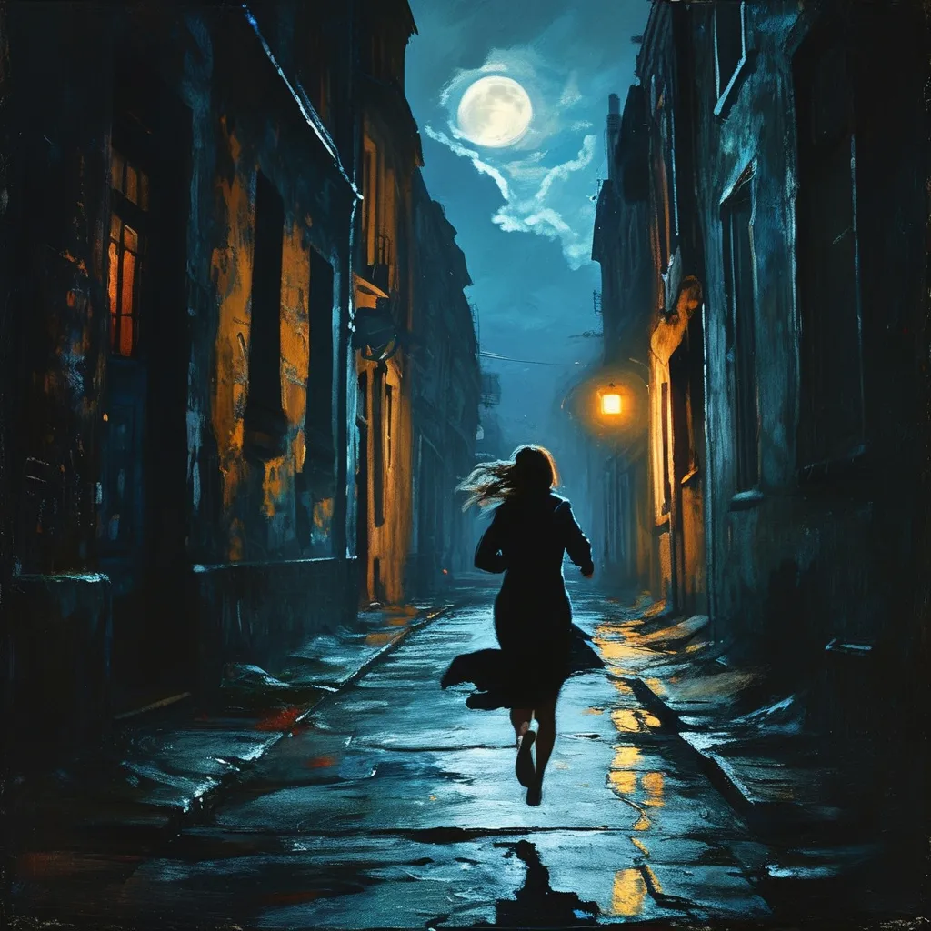 Prompt: dimly lit alleyway, woman in her 20s running away in far distance, moonlight, shadows, atmospheric, dark clouds