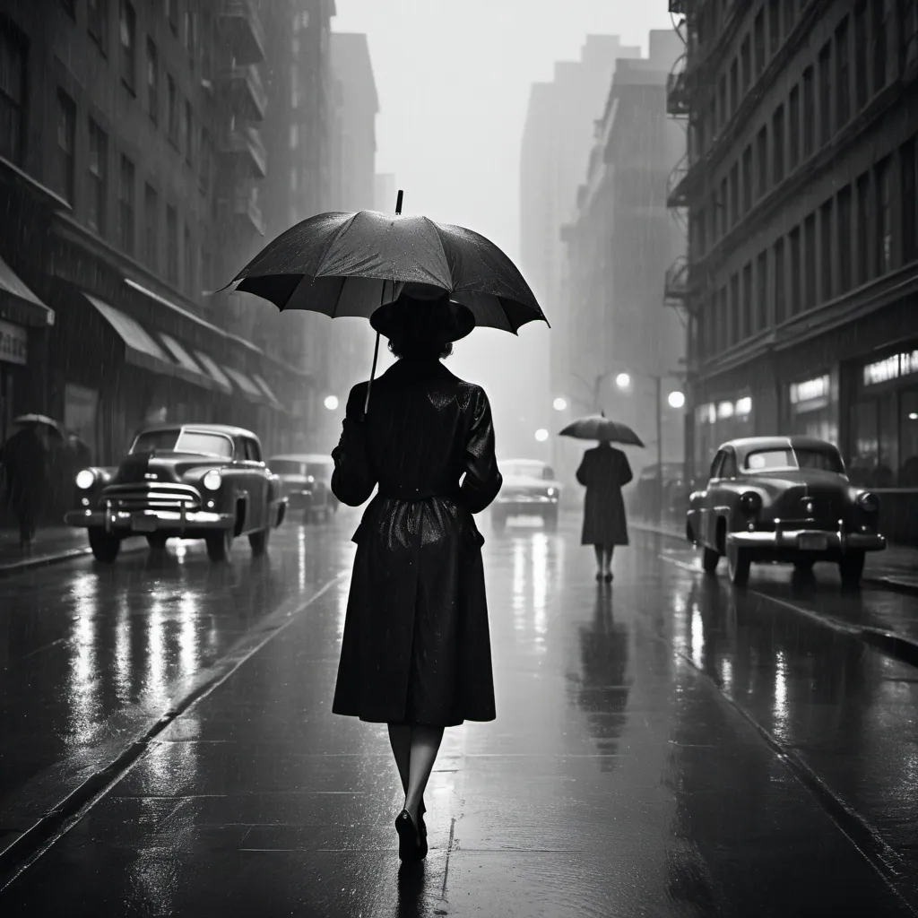 Prompt: dim, night film noir photography, slim women in the distance, tall buildings, raining, 1950s, face away from camera, holding umbrella, smoking, city background, black coat and hat, shadows