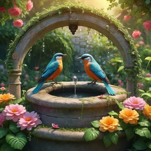 Prompt: (two birds) sitting on the side of a well, singing, serene and peaceful atmosphere, lush garden surroundings, vibrant colors, warm and soft lighting, detailed feathers and textures, enchanting and dreamy mood, blooming flowers around the well, high depth cinematic masterpiece, detailed background with greenery and vines, ultra-detailed, 4K quality.