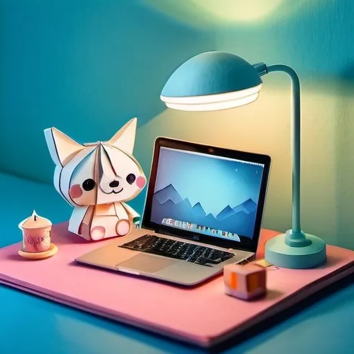 Prompt: paper-toy kawaii laptop and lamp on a desk with blue background