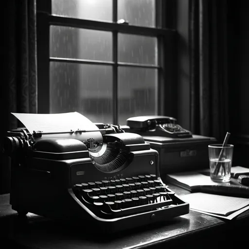 Prompt: retro 1940's typewriter black and white film noir scene