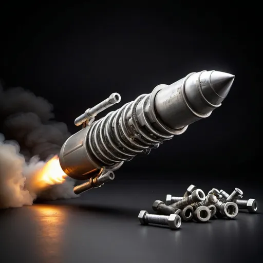 Prompt: a basic rocket made from steel nuts, bolts and washers, fire from the exhaust, dramatic, blank background