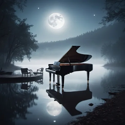 Prompt: a grand piano hovering over a misty eerie lake in the moonlight
