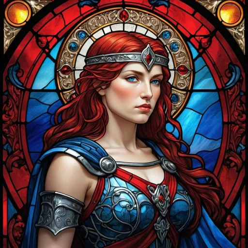 Prompt: Stained glass style depiction of Boudica, intricate details, vibrant colours, medieval fantasy.