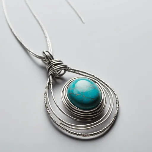 Prompt: <mymodel> handmade silver wire charm with a turquoise stone tightly woven and interconnected, raw elegance, wearable, clean white background