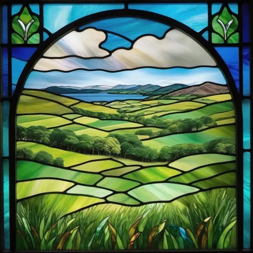 Prompt: cumbrian mountain scene with lush green grass and blue skies with clouds in distance