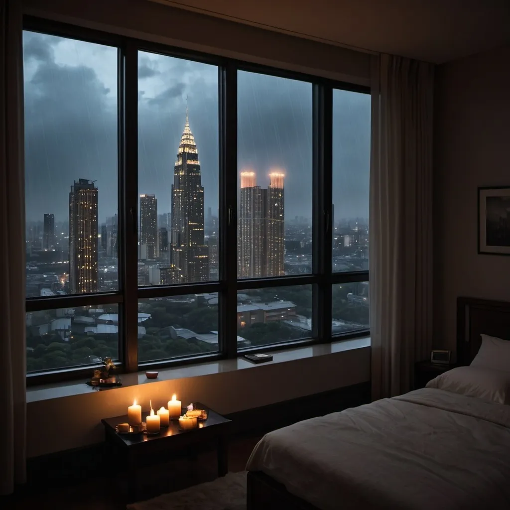 Prompt: high rise apartment with large windows, almost dark in the room except for one small candle, rain on windows outside, overlooking cityscape, most of the light coming from outside