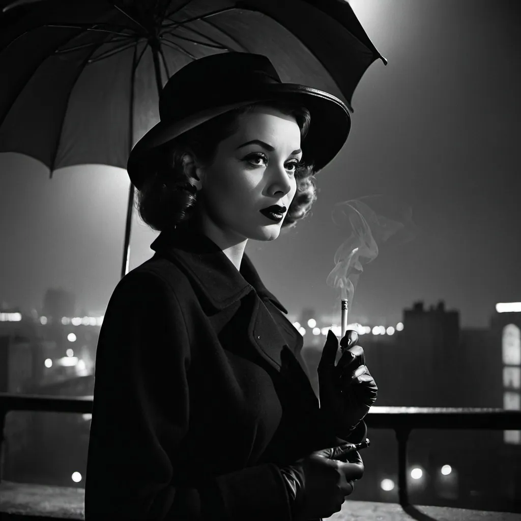 Prompt: dim, night film noir photography, slim women, 1950s, holding umbrella, smoking, city background, black coat and hat, shadows