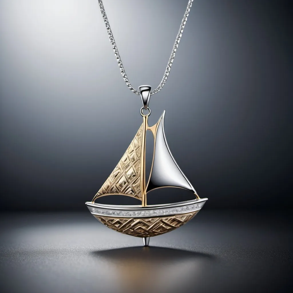 Prompt: (sailing boat inspired platinum pendant, one of the sails is gold coloured), hyper-detailed jewelry, intricate design, shimmering silver tones, delicate craftsmanship, elegant lighting, soft shadows, premium quality materials, jewelry display, high clarity, minimalistic background, sophisticated and timeless, ultra-detailed textures, artistic, eye-catching elegance, 4K resolution, photorealistic styling, studio lighting, award-winning design, cool tone, highlighting craftsmanship.