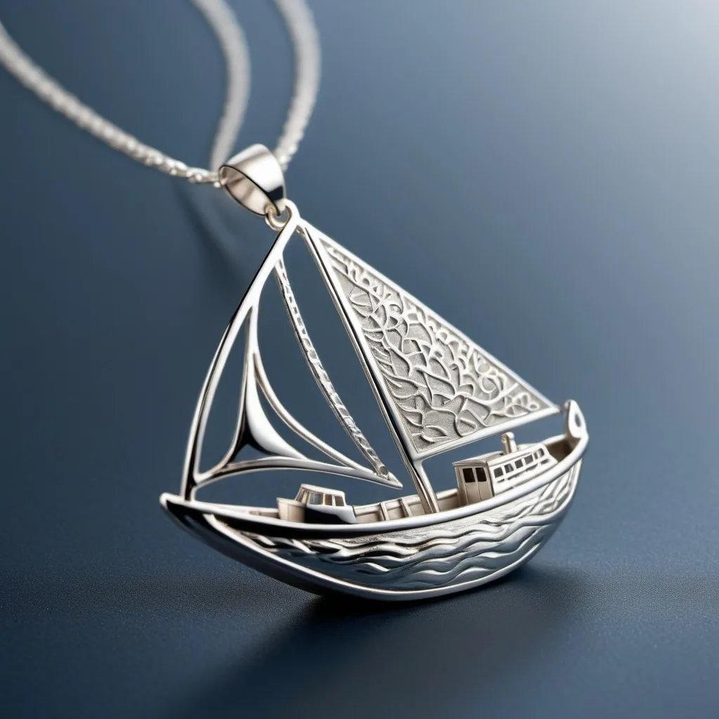 Prompt: (fishing boat inspired silver pendant), hyper-detailed jewelry, intricate design, shimmering silver tones, delicate craftsmanship, elegant lighting, soft shadows, premium quality materials, jewelry display, high clarity, minimalistic background, sophisticated and timeless, ultra-detailed textures, artistic, eye-catching elegance, 4K resolution, photorealistic styling, studio lighting, award-winning design, cool tone, highlighting craftsmanship.