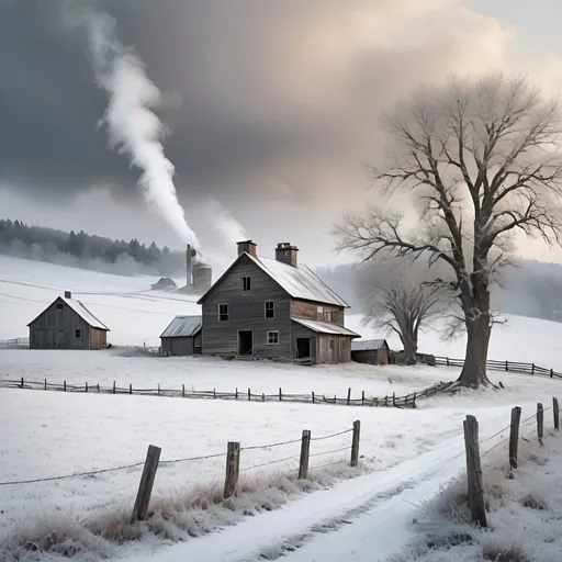 Prompt: Remote hillside farm on cold winters day