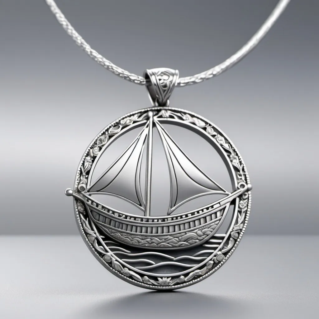 Prompt: (fishing boat inspired silver pendant), hyper-detailed jewelry, intricate design, shimmering silver tones, delicate craftsmanship, elegant lighting, soft shadows, premium quality materials, jewelry display, high clarity, minimalistic background, sophisticated and timeless, ultra-detailed textures, artistic, eye-catching elegance, 4K resolution, photorealistic styling, studio lighting, award-winning design, cool tone, highlighting craftsmanship.