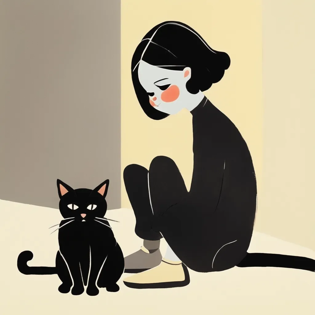 Prompt: sleek black cat sit with young girl